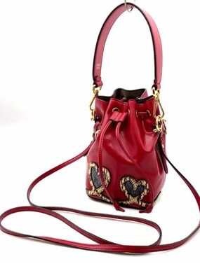 Fendi Mon Tresor Heart Embellished Leather Red Mini 2WAY Bucket Bag